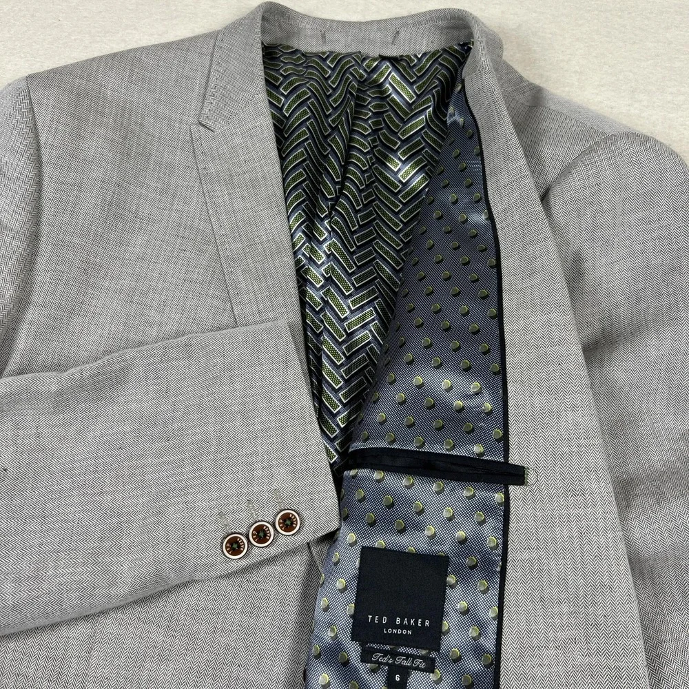 Ted Baker Herringbone Blazer Mens 6 44L Sport Coat Tall Fit Gray Linen Cotton - Picture 1 of 14